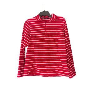 Lands End Red & White Striped Half-Zip Fleece Pullover Medium (10-12) 100% Polye